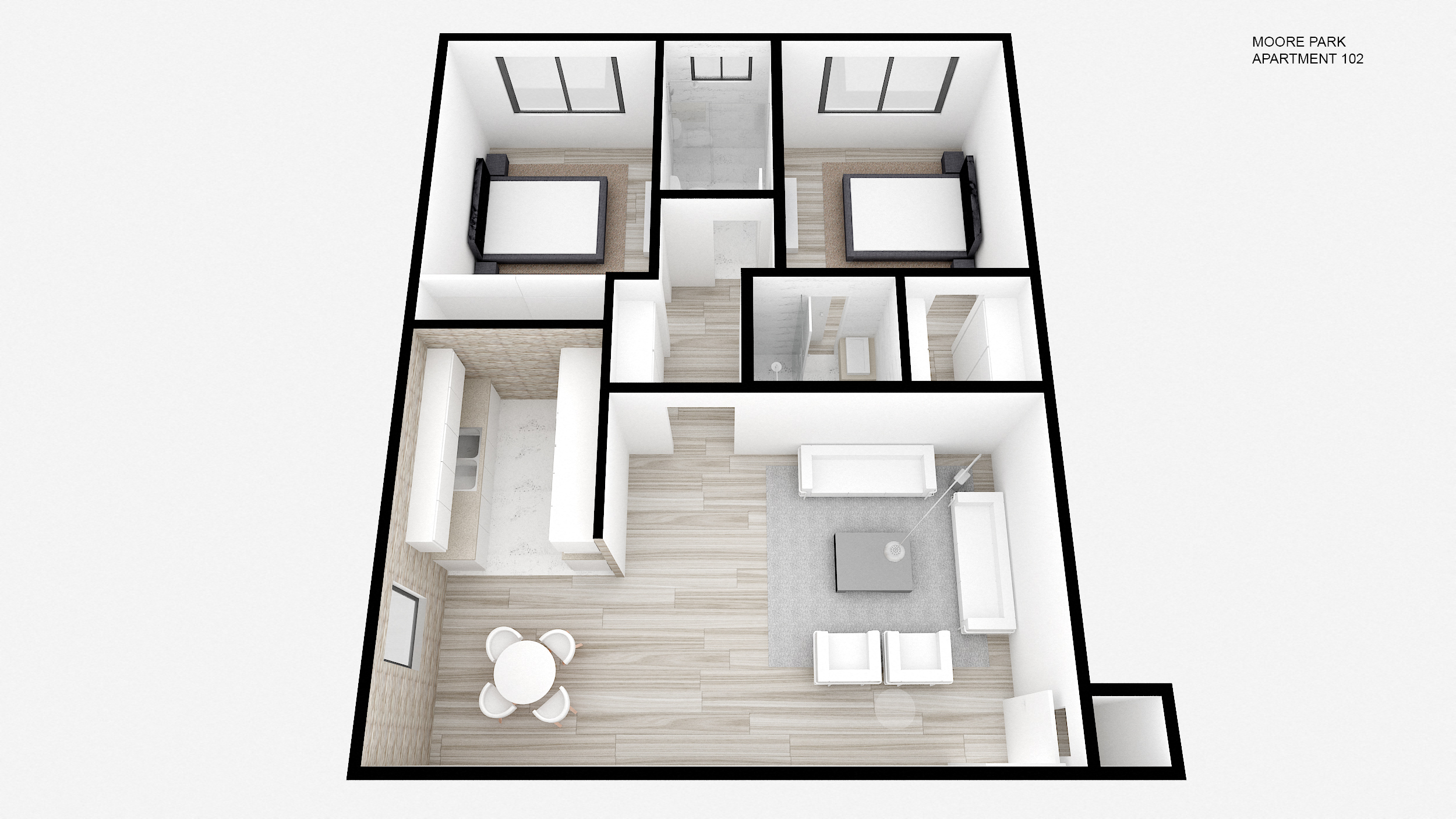 Floor plan for 2 beds, 1 bath, 950 sqft